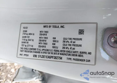 2023 Tesla Model 3 Rear-Wheel Drive z USA, uszkodzony, nr VIN 5YJ3E1EA6PF382794